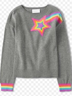 The Children's Place Gray Crewneck Sweater with Neon Rainbow Star